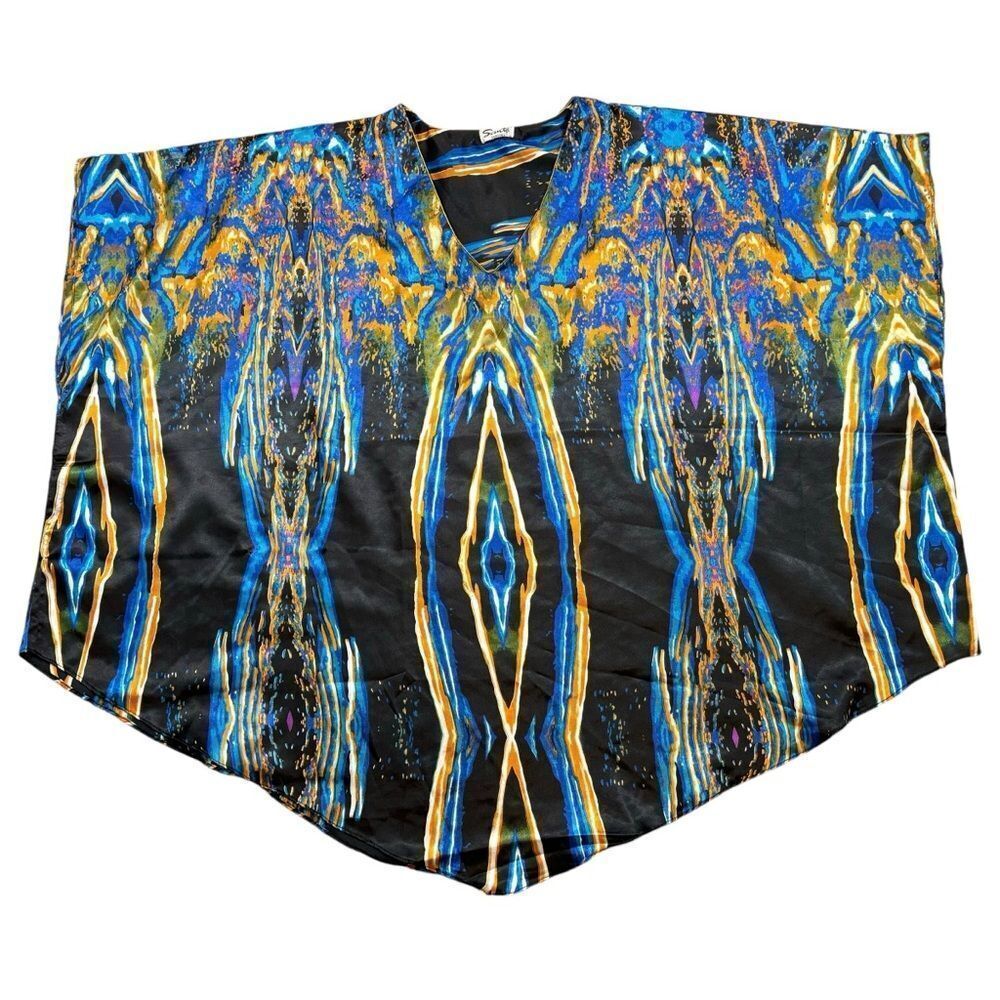 Vintage Ladies Sante Classics‎ Satin Caftan Top Blue and Black Print One Size
